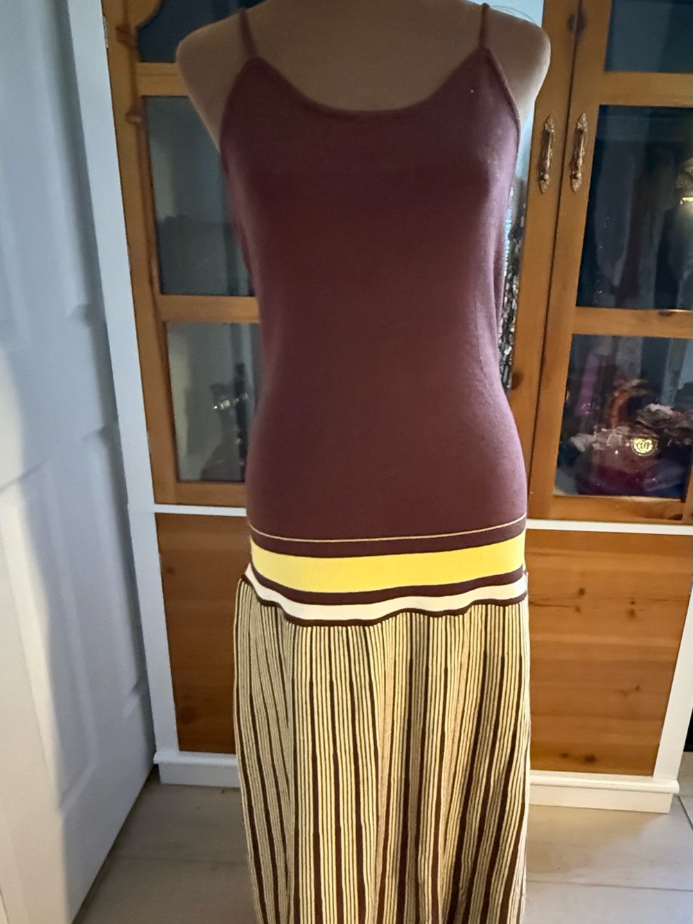 Brown and Yellow Drop Waist Knit Maxi Dress